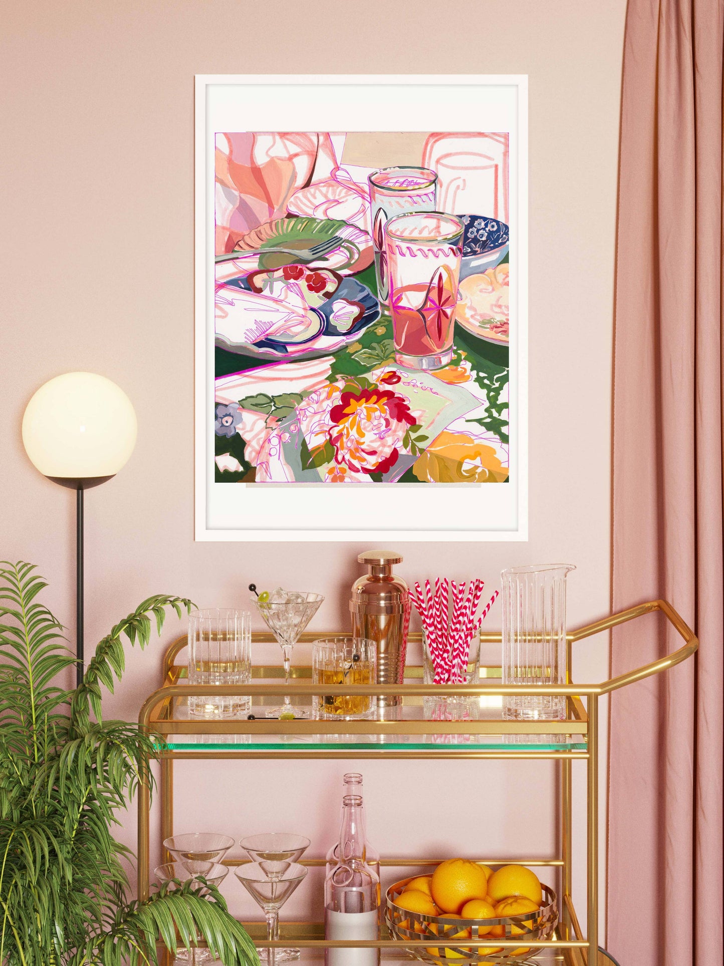 "Brunch Party" Pink Retro Still Life Signed Giclee Print: 4x6"