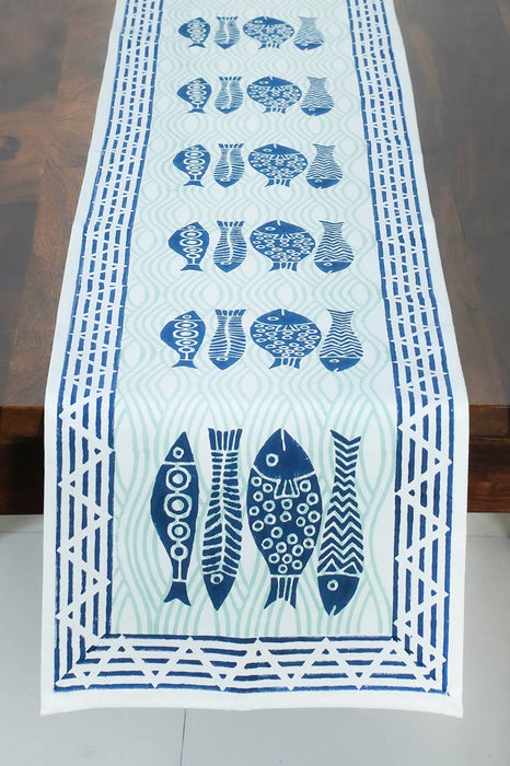 Fish Block Print Table Runner