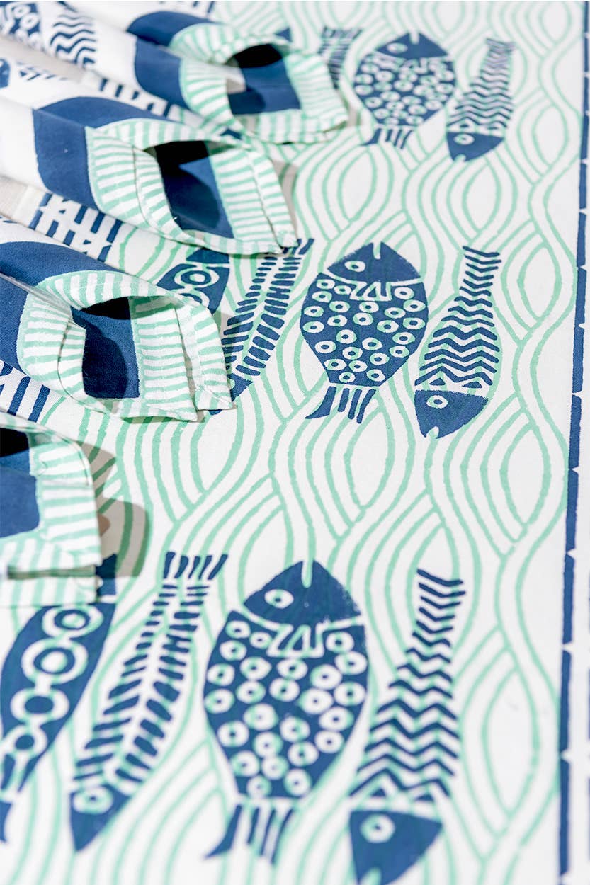 Fish Block Print Table Runner