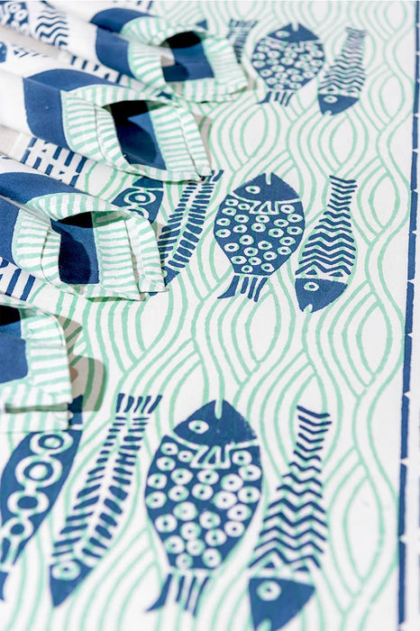 Fish Block Print Table Runner