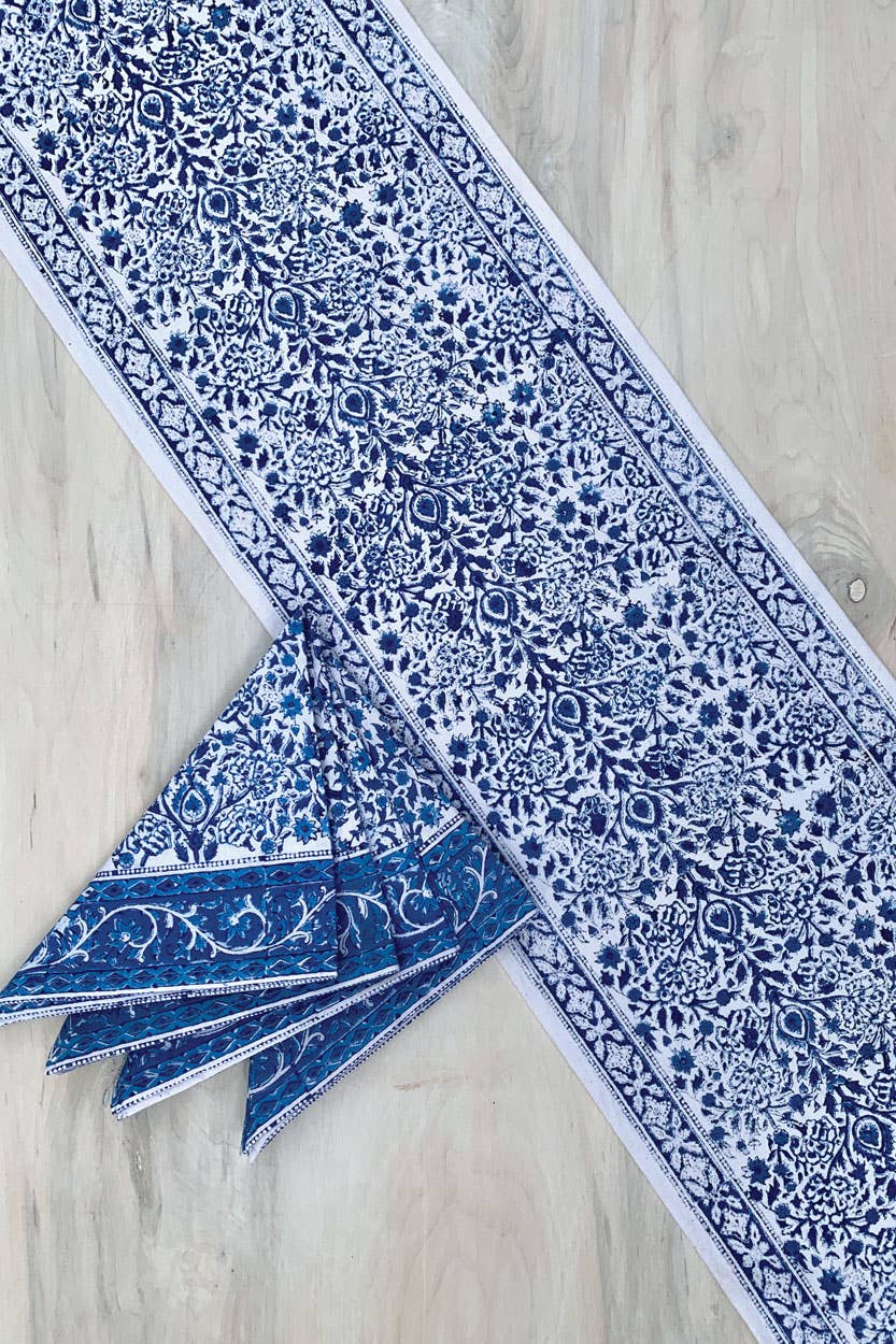 Blue Vine Block Print Table Runner
