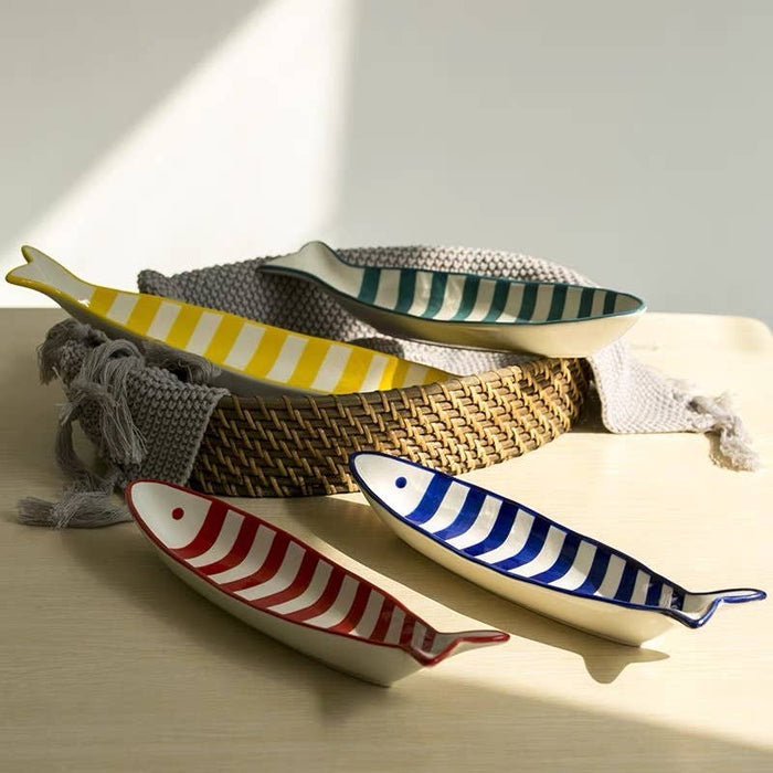 Hand Printed Fish Shape Ceramic Plate: Long Blue