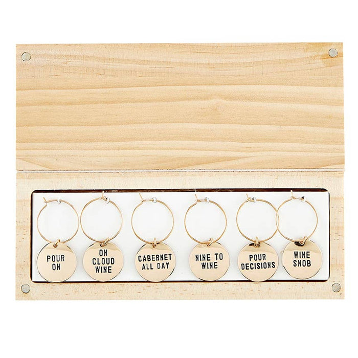 Gold Wine Charms in Pine Box- 6 Charms