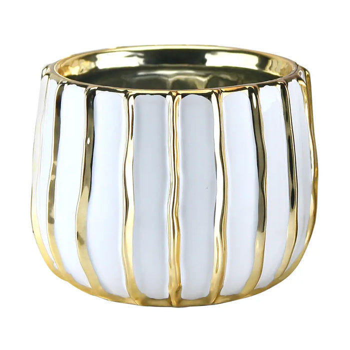White & Gold Ribbed Planter