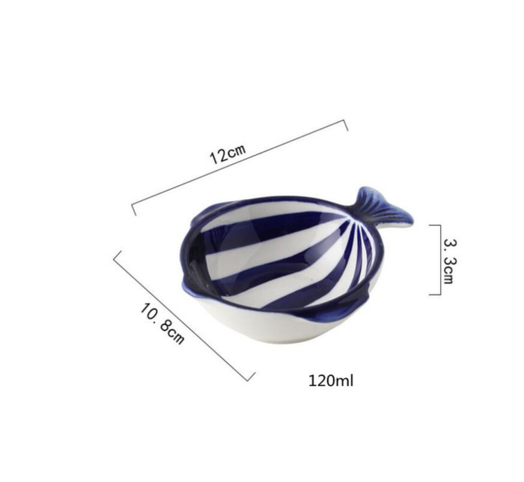 Hand Printed Fish Shape Ceramic Plate: Long Blue