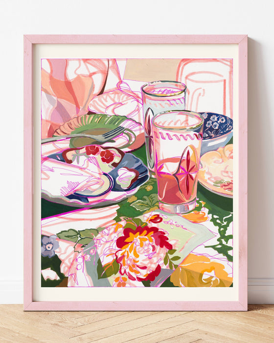 "Brunch Party" Pink Retro Still Life Signed Giclee Print: 4x6"