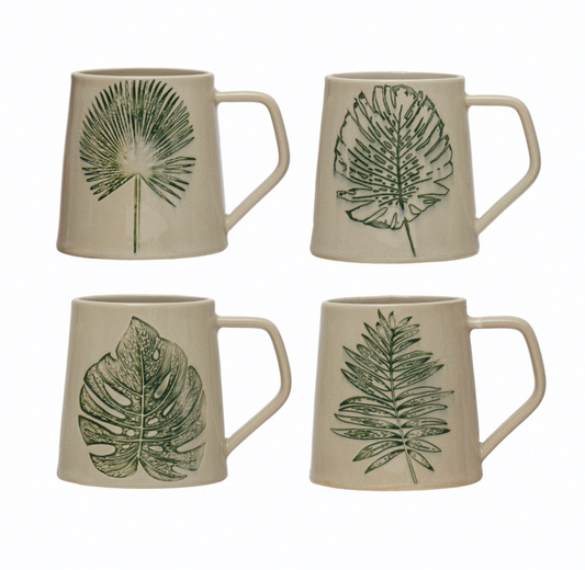 Stoneware Mug with Debossed Leaf, Reactive Crackle Glaze