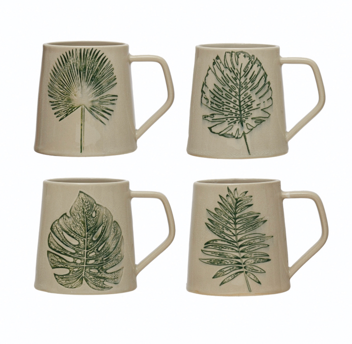 Stoneware Mug with Debossed Leaf, Reactive Crackle Glaze