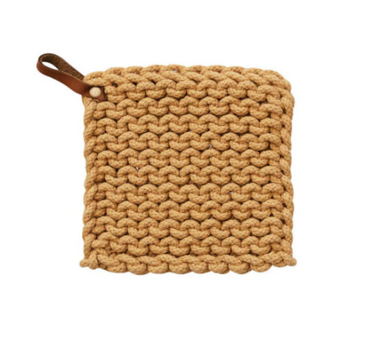 Knit Potholder Leather Loop- Mustard