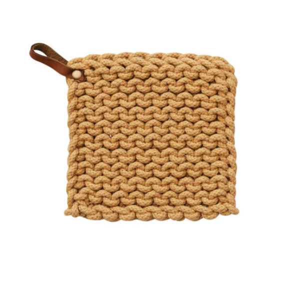Knit Potholder Leather Loop- Mustard