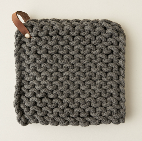 Knit Potholder Leather Loop- Grey