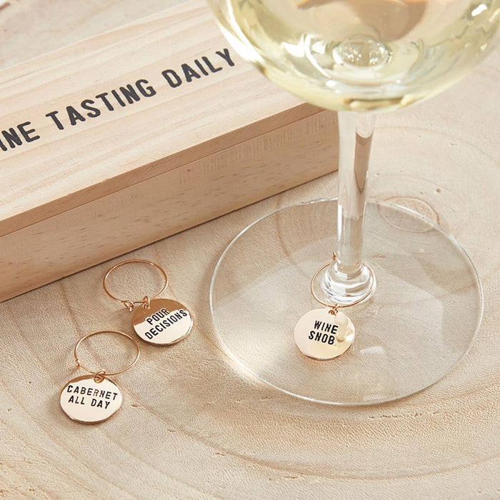 Gold Wine Charms in Pine Box- 6 Charms