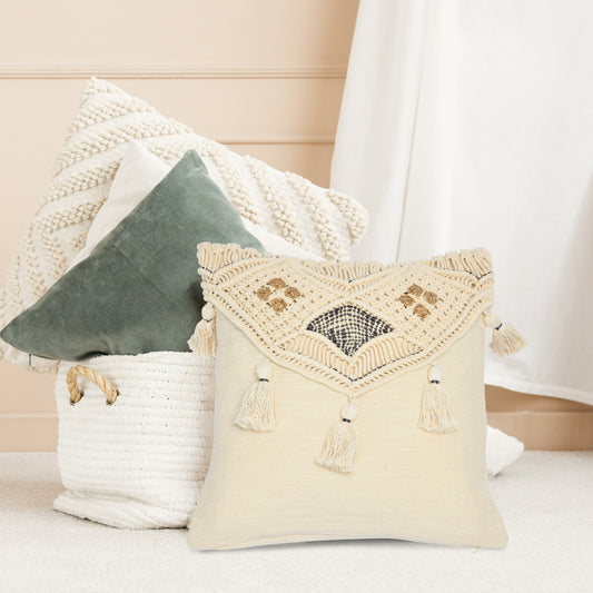 Woven Cotton & Jute Macrame Pillow with Tassels