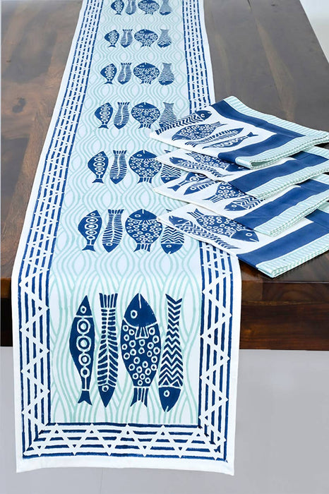 Fish Block Print Table Runner