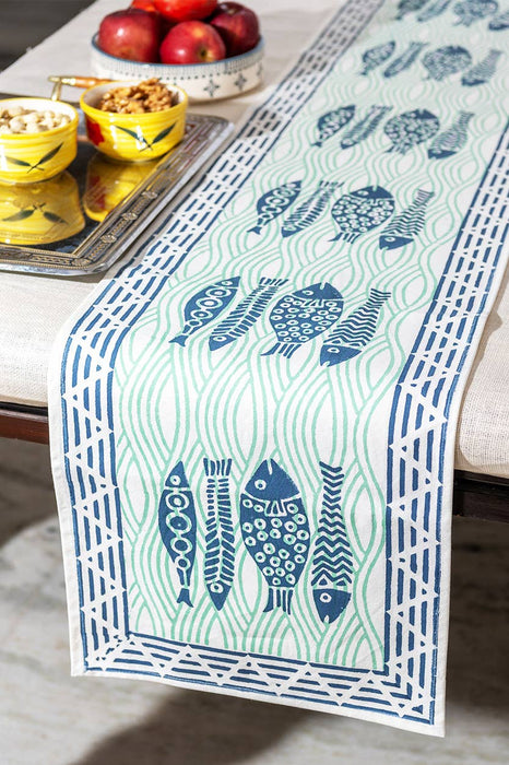 Fish Block Print Table Runner