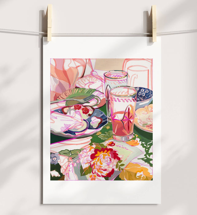"Brunch Party" Pink Retro Still Life Signed Giclee Print: 4x6"