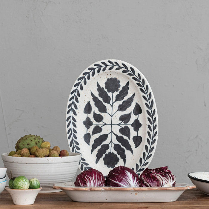 Hand-Painted Stoneware Platter w/ Floral Design