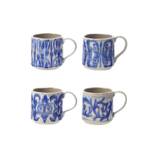 Hand-Painted Blue & White Stoneware Mug – 4 Styles