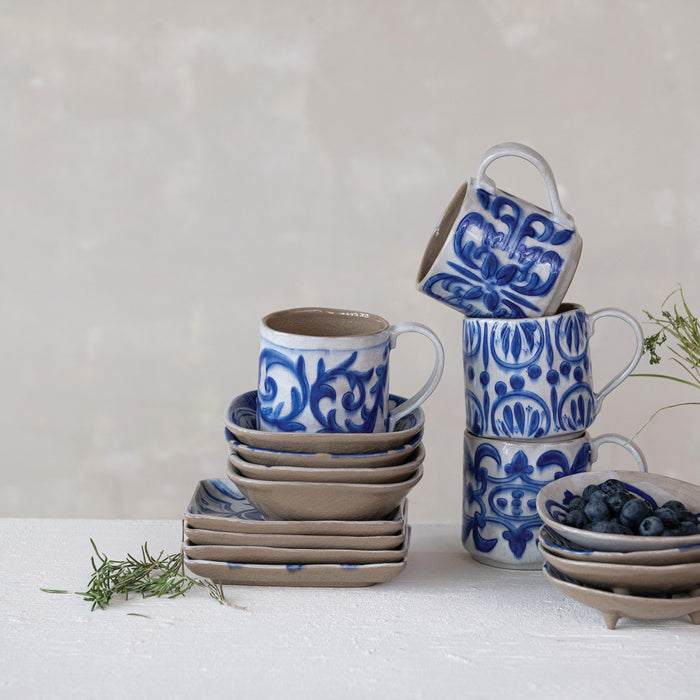 Hand-Painted Blue & White Stoneware Mug – 4 Styles
