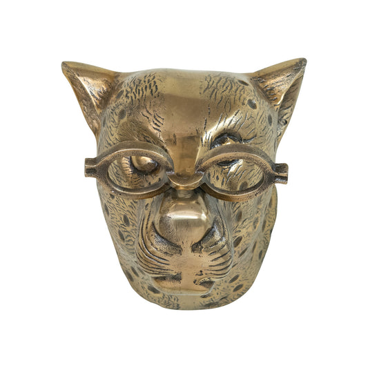 Leopard Head Wall Décor w/ Glasses in Antique Brass