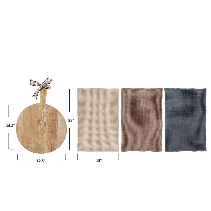 Waffle Weave Tea Towels & Mango Wood Serving Board Set