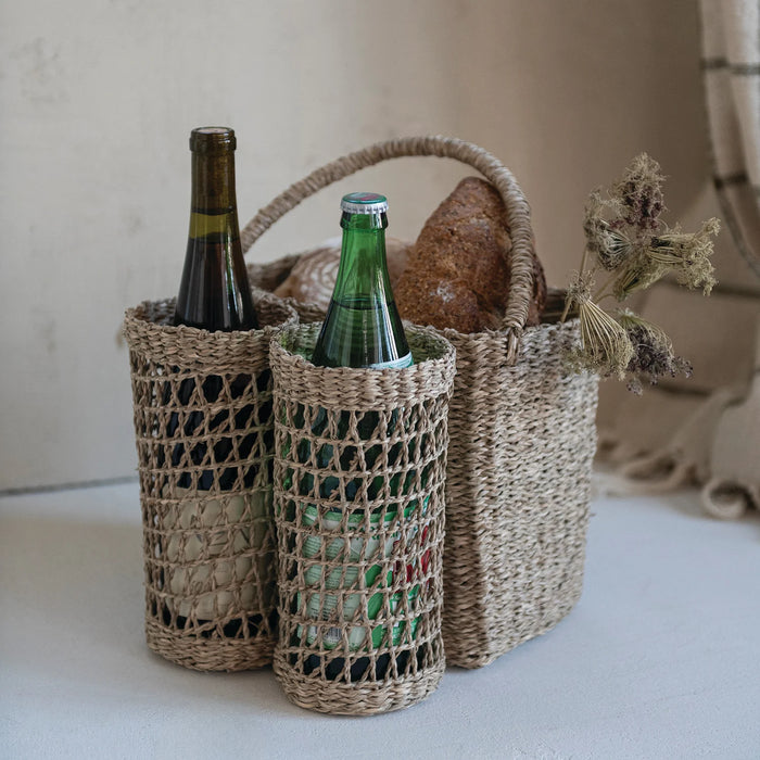 Hand-Woven Seagrass Basket with Handle & Bottle Holders