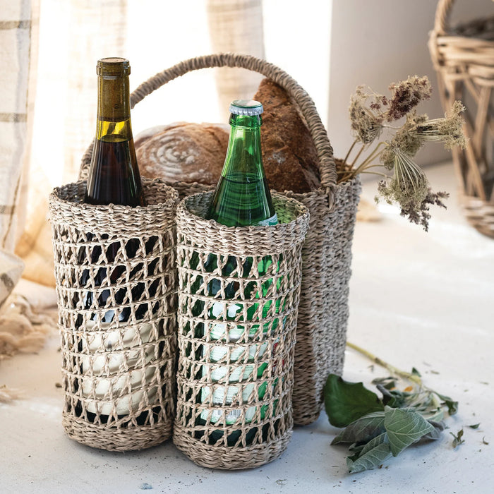 Hand-Woven Seagrass Basket with Handle & Bottle Holders