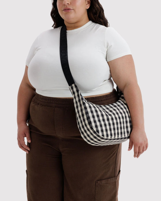 BAGGU Medium Nylon Crescent Bag- Black/Cream Gingham