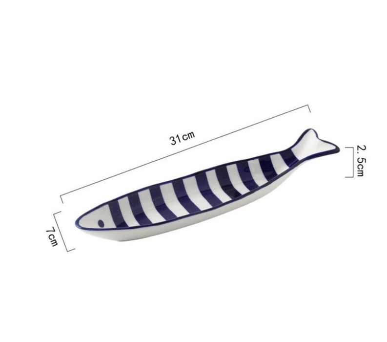 Hand Printed Fish Shape Ceramic Plate: Long Blue