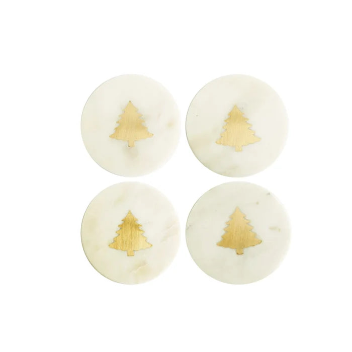 Marble Coasters w/ Brass Tree Inlay, White, Set/4