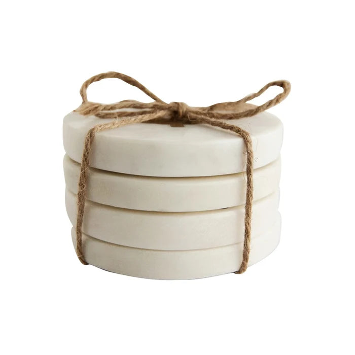 Marble Coasters w/ Brass Tree Inlay, White, Set/4