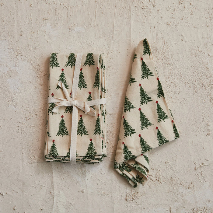 Stonewashed Cotton Printed Napkins w/ Christmas Tree Pattern