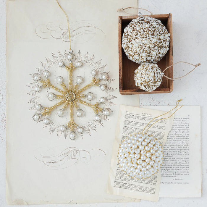 Glass Beaded Ball Ornament with Pearls- Ivory/Gold