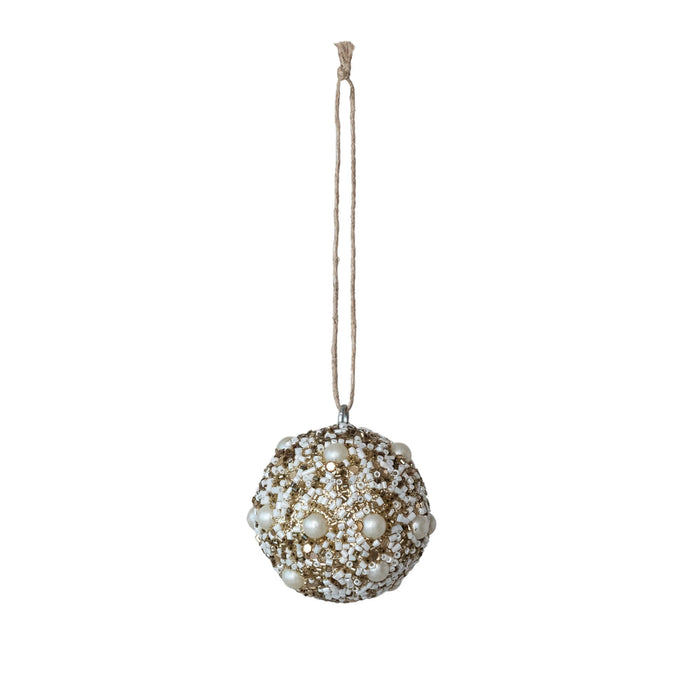 Glass Beaded Ball Ornament with Pearls- Ivory/Gold